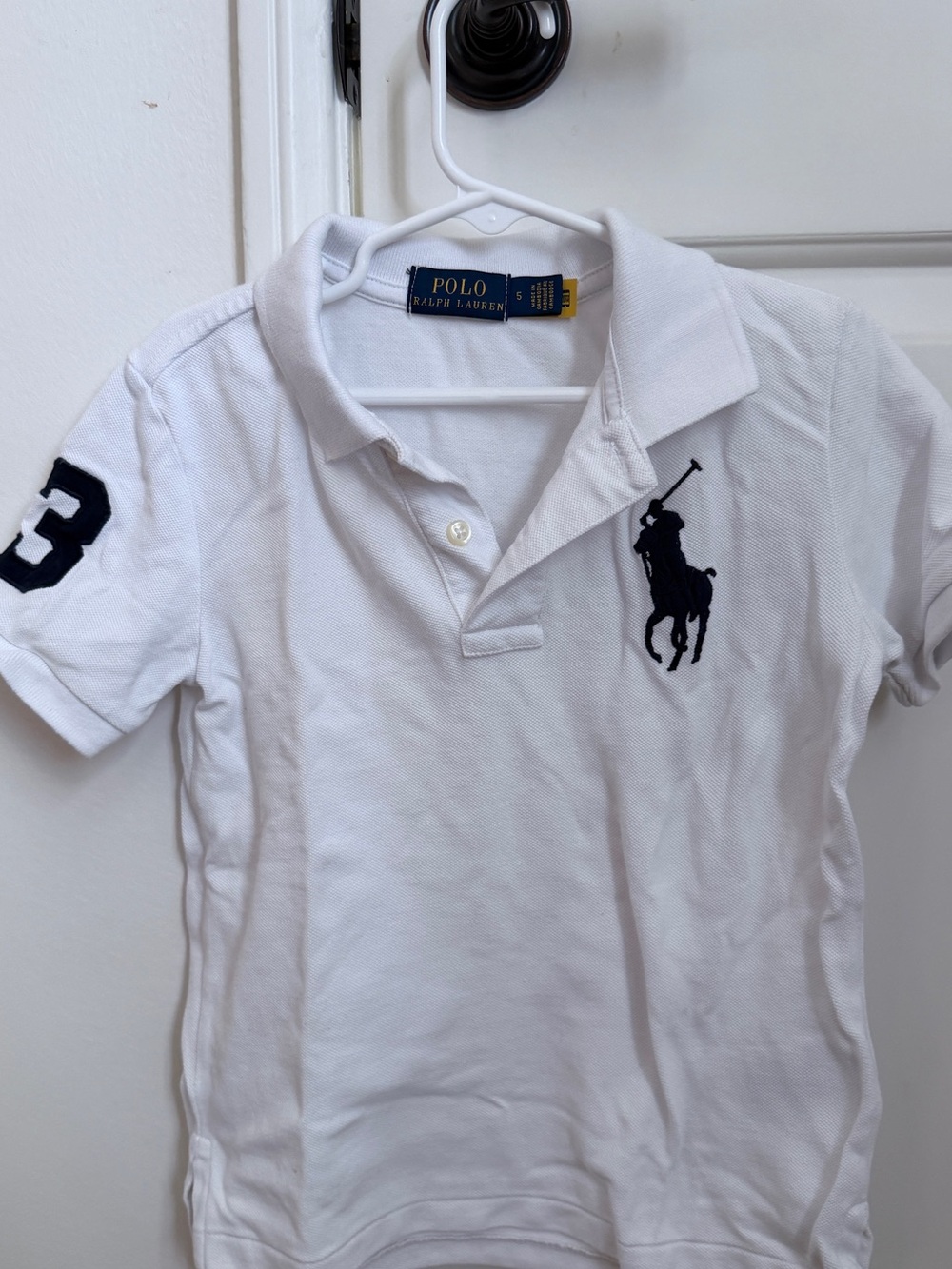 Ralph Lauren White Polo Shirt with Navy Logo and Sleeve Number
